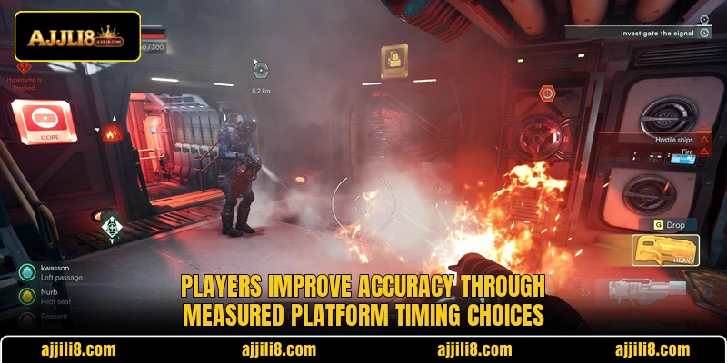 Players improve accuracy through measured platform timing choices Players improve accuracy through measured platform timing choices